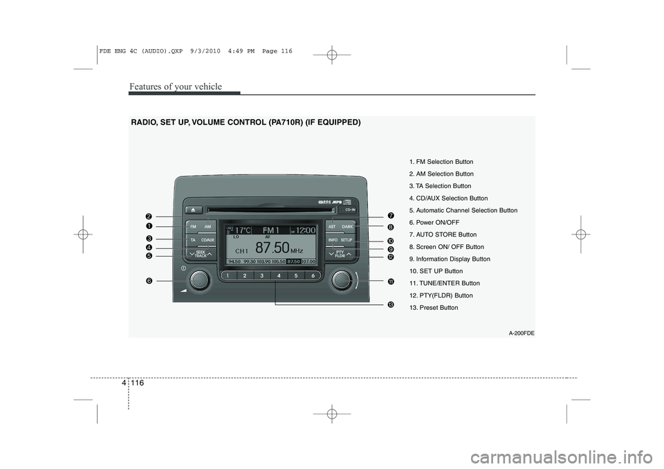 HYUNDAI I30 2015 Owners Manual Features of your vehicle
116
4
A-200FDE
1. FM Selection Button
2. AM Selection Button
3. TA Selection Button
4. CD/AUX Selection Button
5. Automatic Channel Selection Button
6. Power ON/OFF
7. AUTO S HYUNDAI I30 2015 Owners Manual Features of your vehicle
116
4
A-200FDE
1. FM Selection Button
2. AM Selection Button
3. TA Selection Button
4. CD/AUX Selection Button
5. Automatic Channel Selection Button
6. Power ON/OFF
7. AUTO S