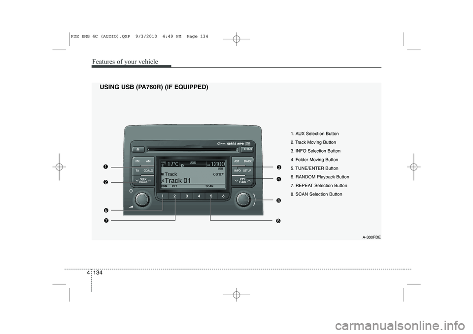 HYUNDAI I30 2015  Owners Manual Features of your vehicle
134
4
1. AUX Selection Button 
2. Track Moving Button
3. INFO Selection Button
4. Folder Moving Button
5. TUNE/ENTER Button
6. RANDOM Playback Button
7. REPEAT Selection Butto