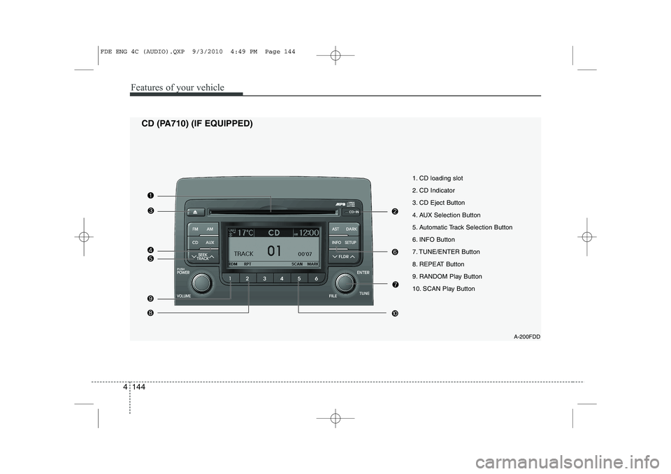 HYUNDAI I30 2015 Owners Manual Features of your vehicle
144
4
1. CD loading slot
2. CD Indicator
3. CD Eject Button
4. AUX Selection Button
5. Automatic Track Selection Button
6. INFO Button
7. TUNE/ENTER Button
8. REPEAT Button
9 HYUNDAI I30 2015 Owners Manual Features of your vehicle
144
4
1. CD loading slot
2. CD Indicator
3. CD Eject Button
4. AUX Selection Button
5. Automatic Track Selection Button
6. INFO Button
7. TUNE/ENTER Button
8. REPEAT Button
9