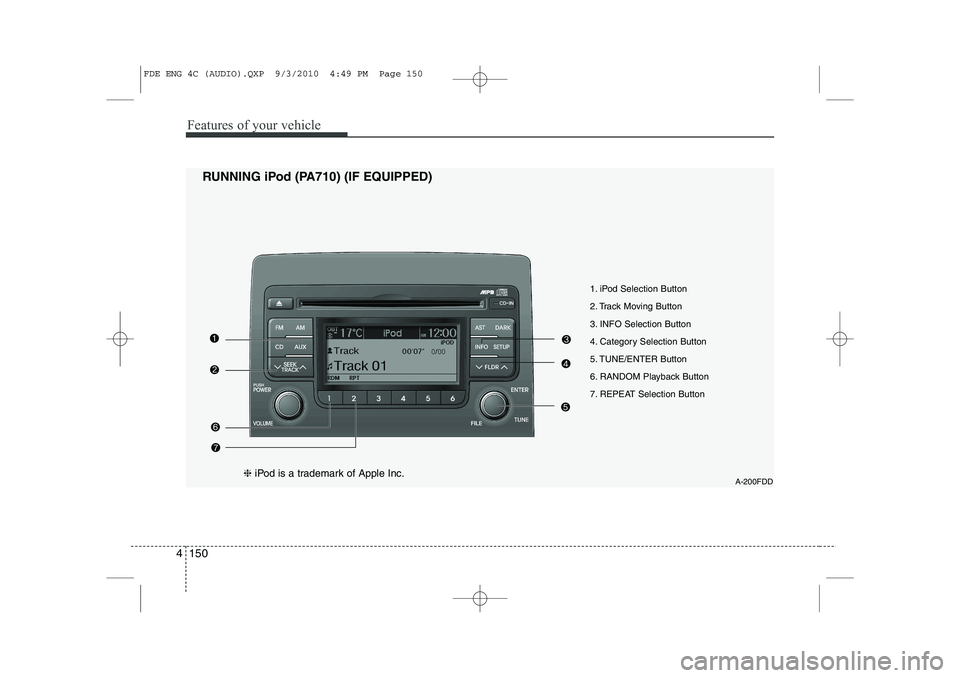HYUNDAI I30 2015 Owners Manual Features of your vehicle
150
4
1. iPod Selection Button
2. Track Moving Button
3. INFO Selection Button
4. Category Selection Button
5. TUNE/ENTER Button
6. RANDOM Playback Button
7. REPEAT Selection HYUNDAI I30 2015 Owners Manual Features of your vehicle
150
4
1. iPod Selection Button
2. Track Moving Button
3. INFO Selection Button
4. Category Selection Button
5. TUNE/ENTER Button
6. RANDOM Playback Button
7. REPEAT Selection