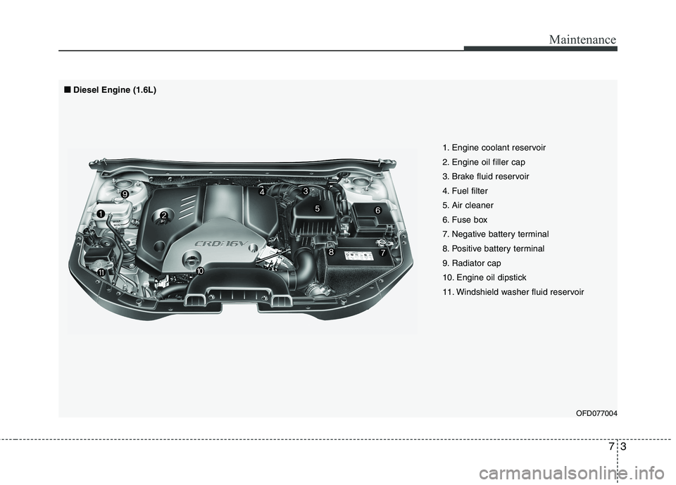 HYUNDAI I30 2015 User Guide 73
Maintenance
OFD077004
1. Engine coolant reservoir 
2. Engine oil filler cap
3. Brake fluid reservoir
4. Fuel filter
5. Air cleaner
6. Fuse box
7. Negative battery terminal
8. Positive battery termi