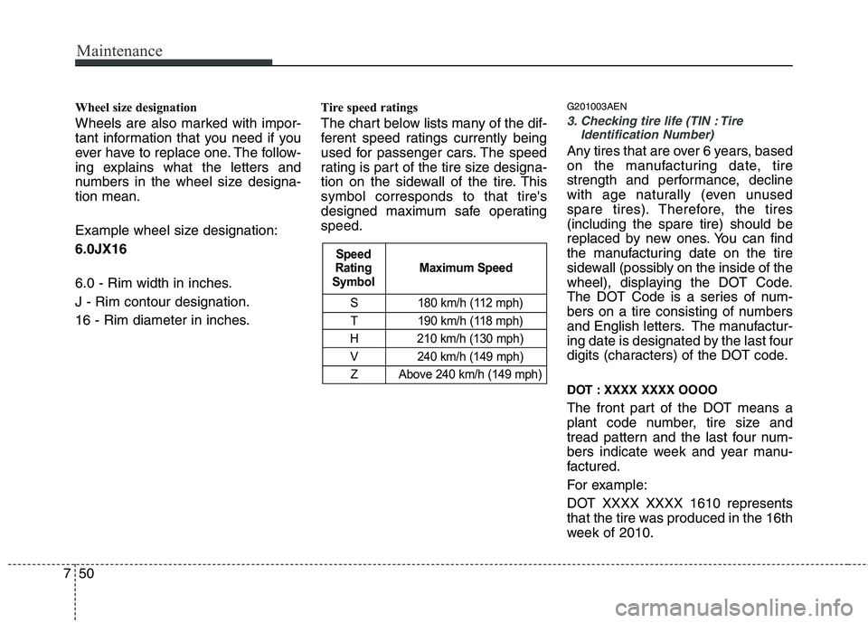 HYUNDAI I30 2015 Owners Manual Maintenance
50
7
S 180 km/h (112 mph)
T 190 km/h (118 mph)
H 210 km/h (130 mph) V 240 km/h (149 mph) Z Above 240 km/h (149 mph)
Maximum Speed
Speed
Rating
Symbol
Wheel size designation
Wheels are a HYUNDAI I30 2015 Owners Manual Maintenance
50
7
S 180 km/h (112 mph)
T 190 km/h (118 mph)
H 210 km/h (130 mph) V 240 km/h (149 mph) Z Above 240 km/h (149 mph)
Maximum Speed
Speed
Rating
Symbol
Wheel size designation
Wheels are a