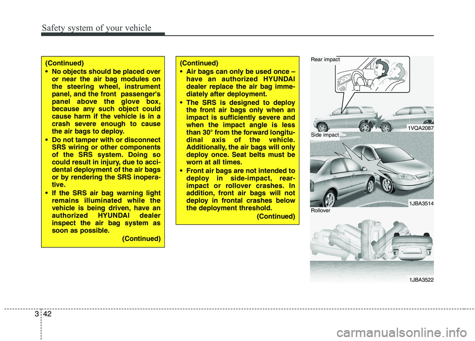 HYUNDAI I30 2015 Owners Manual Safety system of your vehicle
42
3
1VQA2087
1JBA3514
1JBA3522
Rear impact
Side impact
Rollover
(Continued)
No objects should be placed over
or near the air bag modules on
the steering wheel, instru HYUNDAI I30 2015 Owners Manual Safety system of your vehicle
42
3
1VQA2087
1JBA3514
1JBA3522
Rear impact
Side impact
Rollover
(Continued)
No objects should be placed over
or near the air bag modules on
the steering wheel, instru