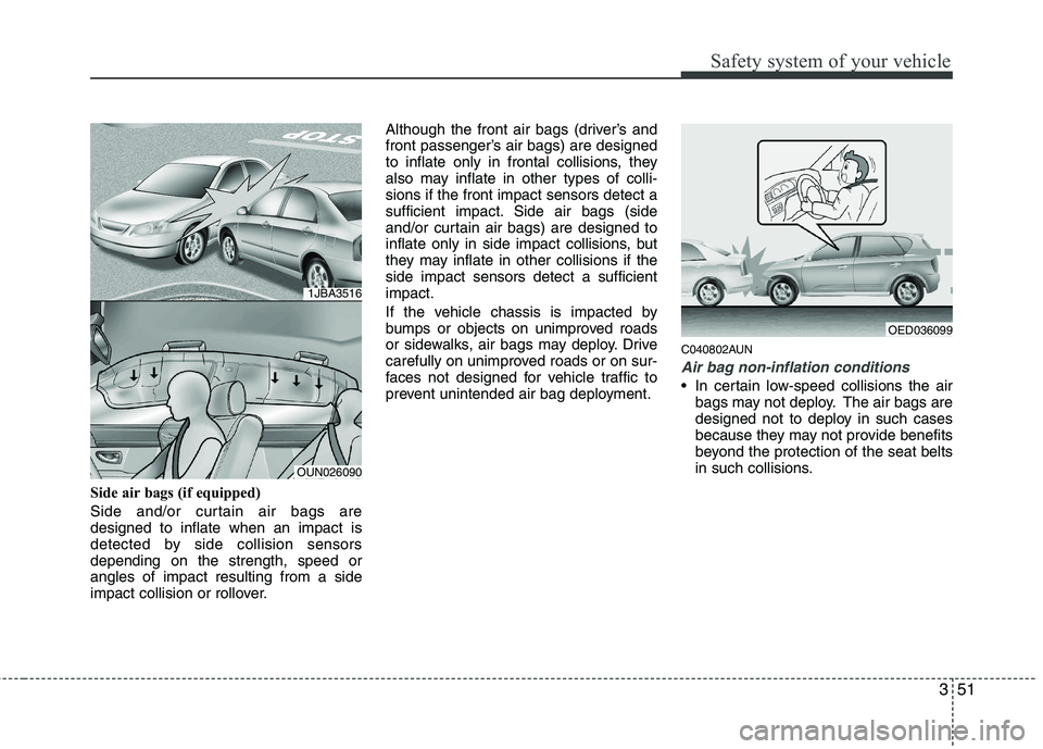 HYUNDAI I30 2015 Owners Manual 351
Safety system of your vehicle
Side air bags (if equipped)
Side and/or curtain air bags are designed to inflate when an impact is
detected by side collision sensorsdepending on the strength, speed HYUNDAI I30 2015 Owners Manual 351
Safety system of your vehicle
Side air bags (if equipped)
Side and/or curtain air bags are designed to inflate when an impact is
detected by side collision sensorsdepending on the strength, speed