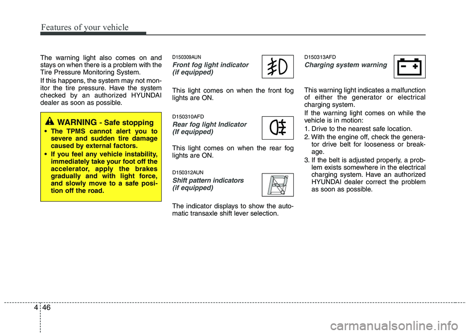 HYUNDAI I30 2015 Owners Manual Features of your vehicle
46
4
The warning light also comes on and
stays on when there is a problem with the
Tire Pressure Monitoring System.
If this happens, the system may not mon-
itor the tire p HYUNDAI I30 2015 Owners Manual Features of your vehicle
46
4
The warning light also comes on and
stays on when there is a problem with the
Tire Pressure Monitoring System.
If this happens, the system may not mon-
itor the tire p
