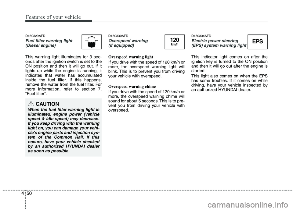 HYUNDAI I30 2015 Owners Manual Features of your vehicle
50
4
D150329AFD
Fuel filter warning light
(Diesel engine)
This warning light illuminates for 3 sec-
onds after the ignition switch is set to the
ON position and then it will HYUNDAI I30 2015 Owners Manual Features of your vehicle
50
4
D150329AFD
Fuel filter warning light
(Diesel engine)
This warning light illuminates for 3 sec-
onds after the ignition switch is set to the
ON position and then it will