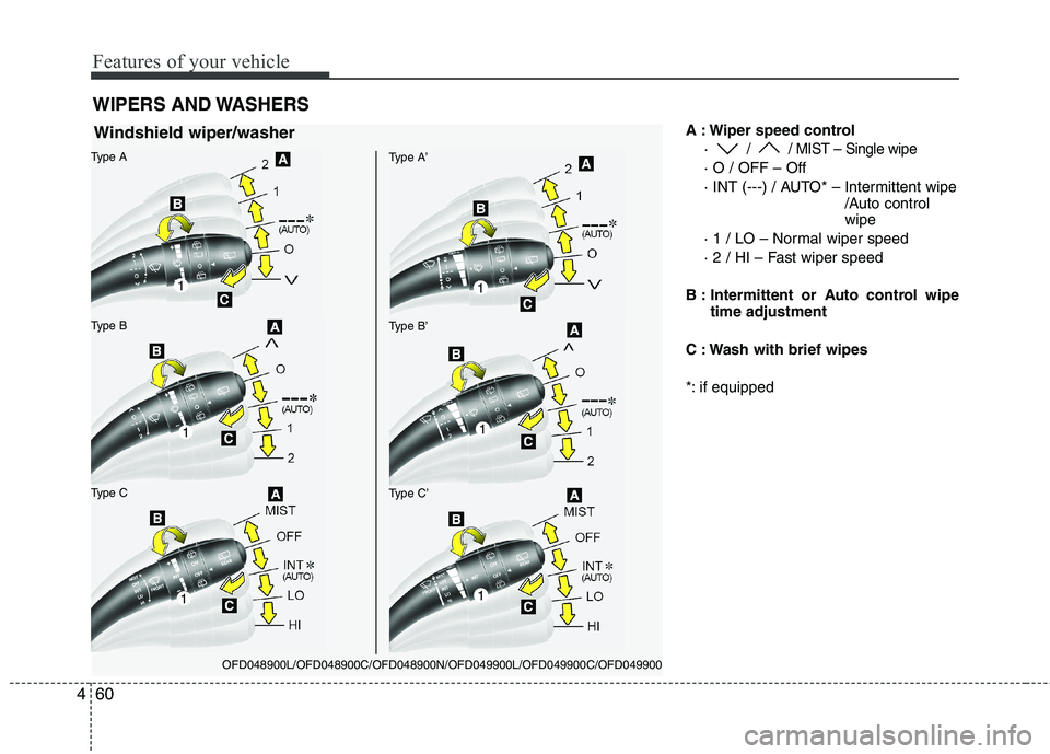 HYUNDAI I30 2015 Owners Manual Features of your vehicle
60
4
A : Wiper speed control
·
/ / MIST – Single wipe
· O / OFF – Off
· INT (---) / AUTO* – Intermittent wipe /Auto control wipe
· 1 / LO – Normal wiper speed
HYUNDAI I30 2015 Owners Manual Features of your vehicle
60
4
A : Wiper speed control
·
/ / MIST – Single wipe
· O / OFF – Off
· INT (---) / AUTO* – Intermittent wipe /Auto control wipe
· 1 / LO – Normal wiper speed