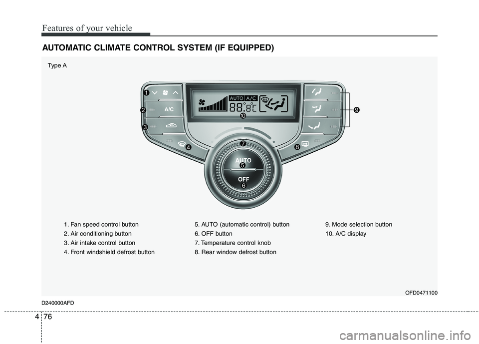 HYUNDAI I30 2015 Owners Manual Features of your vehicle
76
4
AUTOMATIC CLIMATE CONTROL SYSTEM (IF EQUIPPED)
1. Fan speed control button
2. Air conditioning button
3. Air intake control button
4. Front windshield defrost button 5. HYUNDAI I30 2015 Owners Manual Features of your vehicle
76
4
AUTOMATIC CLIMATE CONTROL SYSTEM (IF EQUIPPED)
1. Fan speed control button
2. Air conditioning button
3. Air intake control button
4. Front windshield defrost button 5.