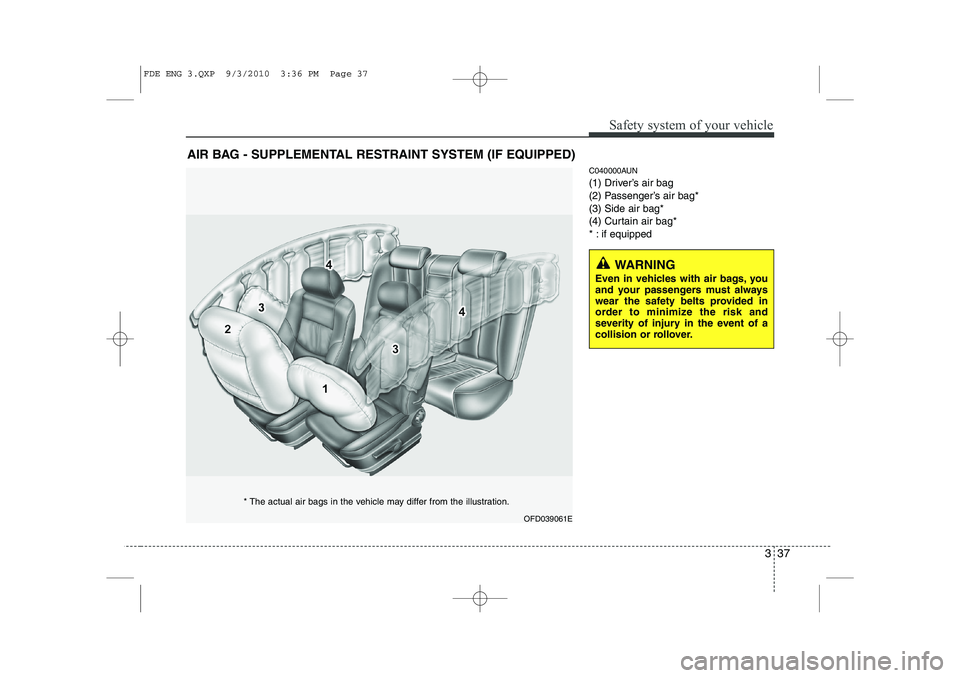 HYUNDAI I30 2015 Workshop Manual 337
Safety system of your vehicle
C040000AUN
(1) Driver’s air bag
(2) Passenger’s air bag*(3) Side air bag*
(4) Curtain air bag*
* : if equipped
AIR BAG - SUPPLEMENTAL RESTRAINT SYSTEM (IF EQUIPP HYUNDAI I30 2015 Workshop Manual 337
Safety system of your vehicle
C040000AUN
(1) Driver’s air bag
(2) Passenger’s air bag*(3) Side air bag*
(4) Curtain air bag*
* : if equipped
AIR BAG - SUPPLEMENTAL RESTRAINT SYSTEM (IF EQUIPP