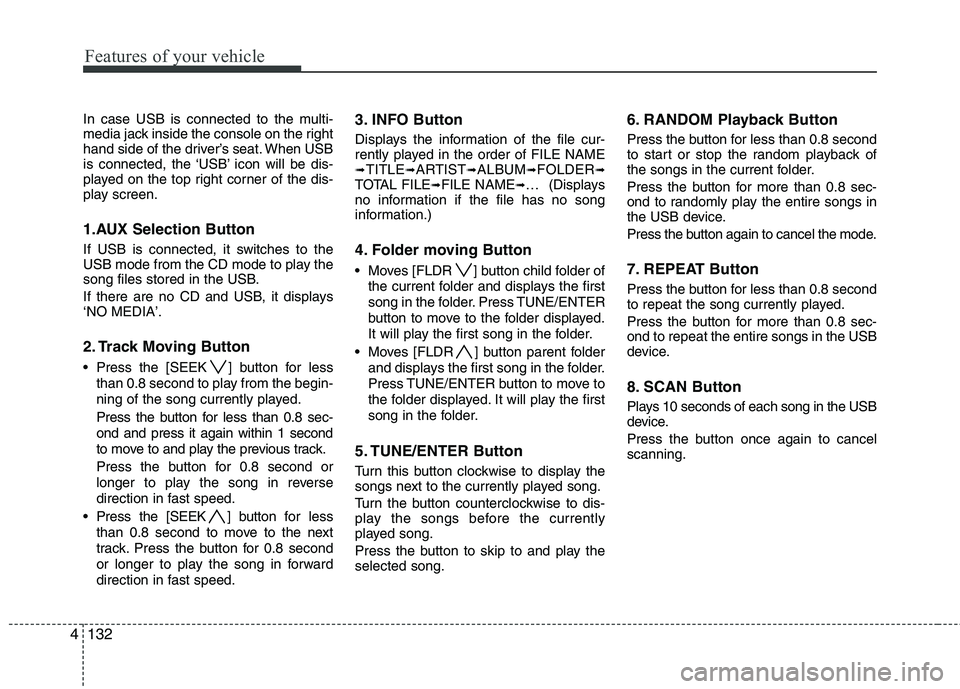 HYUNDAI I30 2015 Owners Manual Features of your vehicle
132
4
In case USB is connected to the multi-
media jack inside the console on the right
hand side of the driver’s seat. When USB
is connected, the ‘USB’ icon will be di HYUNDAI I30 2015 Owners Manual Features of your vehicle
132
4
In case USB is connected to the multi-
media jack inside the console on the right
hand side of the driver’s seat. When USB
is connected, the ‘USB’ icon will be di