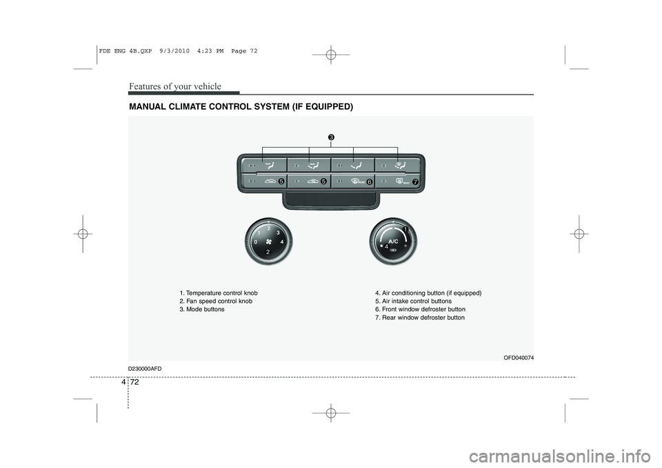 HYUNDAI I30 2014  Owners Manual Features of your vehicle
72
4
MANUAL CLIMATE CONTROL SYSTEM (IF EQUIPPED)
OFD040074
D230000AFD 1. Temperature control knob 
2. Fan speed control knob
3. Mode buttons
4. Air conditioning button (if equ