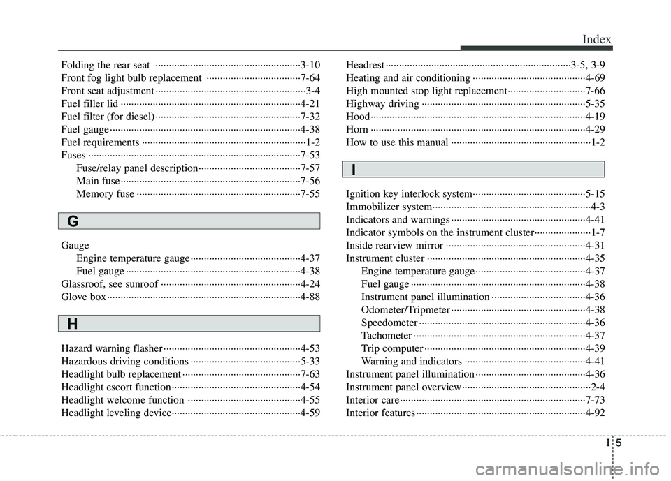 HYUNDAI I30 2014  Owners Manual I5
Index
Folding the rear seat  ······················································3-10 
Front fog light bulb replacement  ··········