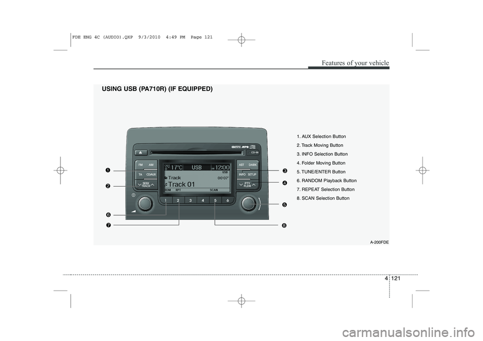 HYUNDAI I30 2013 Owners Manual 4 121
Features of your vehicle
USING USB (PA710R) (IF EQUIPPED)1. AUX Selection Button
2. Track Moving Button
3. INFO Selection Button
4. Folder Moving Button
5. TUNE/ENTER Button
6. RANDOM Playback HYUNDAI I30 2013 Owners Manual 4 121
Features of your vehicle
USING USB (PA710R) (IF EQUIPPED)1. AUX Selection Button
2. Track Moving Button
3. INFO Selection Button
4. Folder Moving Button
5. TUNE/ENTER Button
6. RANDOM Playback
