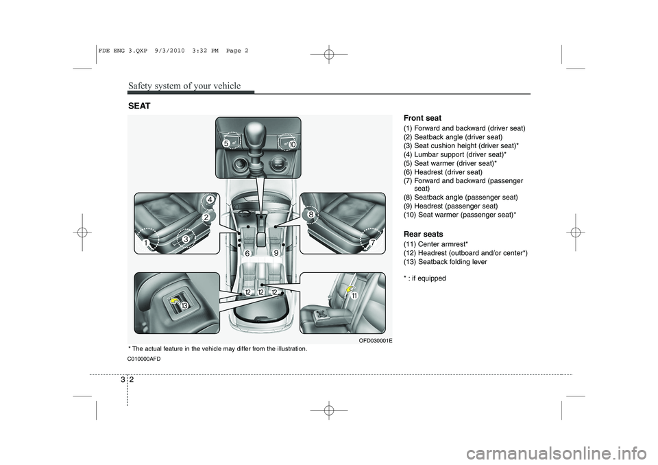 HYUNDAI I30 2013 Owners Manual Safety system of your vehicle
2
3
C010000AFD Front seat
(1) Forward and backward (driver seat)
(2) Seatback angle (driver seat)
(3) Seat cushion height (driver seat)*
(4) Lumbar support (driver seat HYUNDAI I30 2013 Owners Manual Safety system of your vehicle
2
3
C010000AFD Front seat
(1) Forward and backward (driver seat)
(2) Seatback angle (driver seat)
(3) Seat cushion height (driver seat)*
(4) Lumbar support (driver seat