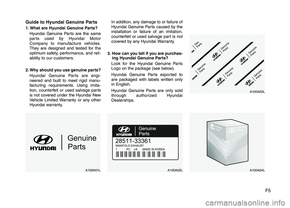 HYUNDAI I30 2013  Owners Manual F5
Guide to Hyundai Genuine Parts 
1. What are Hyundai Genuine Parts?
Hyundai Genuine Parts are the same 
parts used by Hyundai Motor
Company to manufacture vehicles.
They are designed and tested for 