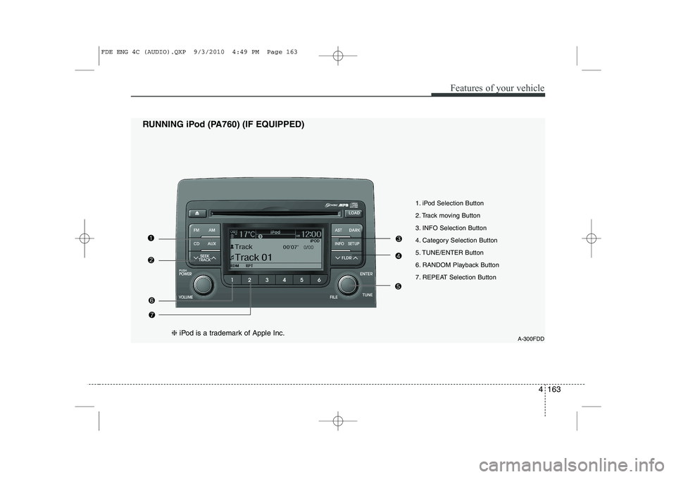 HYUNDAI I30 2012 Owners Manual 4 163
Features of your vehicle
1. iPod Selection Button
2. Track moving Button
3. INFO Selection Button
4. Category Selection Button
5. TUNE/ENTER Button
6. RANDOM Playback Button
7. REPEAT Selection HYUNDAI I30 2012 Owners Manual 4 163
Features of your vehicle
1. iPod Selection Button
2. Track moving Button
3. INFO Selection Button
4. Category Selection Button
5. TUNE/ENTER Button
6. RANDOM Playback Button
7. REPEAT Selection