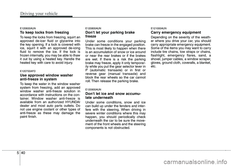 HYUNDAI I30 2012  Owners Manual Driving your vehicle
40
5
E120600AUN 
To keep locks from freezing 
To keep the locks from freezing, squirt an 
approved de-icer fluid or glycerine into
the key opening. If a lock is covered with
ice, 