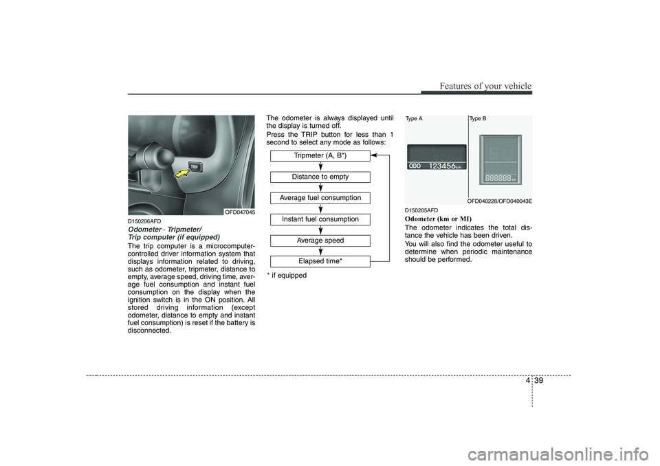 HYUNDAI I30 2011 Owners Manual 439
Features of your vehicle
D150206AFD
Odometer ⋅ Tripmeter/
Trip computer (if equipped)
The trip computer is a microcomputer-
controlled driver information system that
displays information relat HYUNDAI I30 2011 Owners Manual 439
Features of your vehicle
D150206AFD
Odometer ⋅ Tripmeter/
Trip computer (if equipped)
The trip computer is a microcomputer-
controlled driver information system that
displays information relat