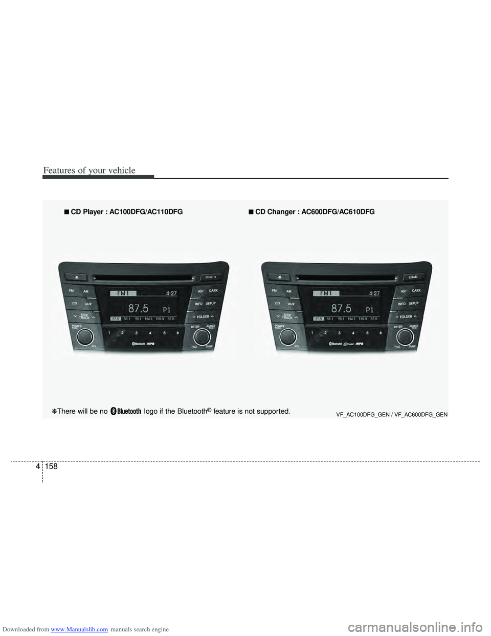 HYUNDAI I40 2019  Owners Manual Downloaded from www.Manualslib.com manuals search engine Features of your vehicle
158
4
VF_AC100DFG_GEN / VF_AC600DFG_GEN
■
■  
 CD Player : AC100DFG/AC110DFG■
■ 
 CD Changer : AC600DFG/AC610D