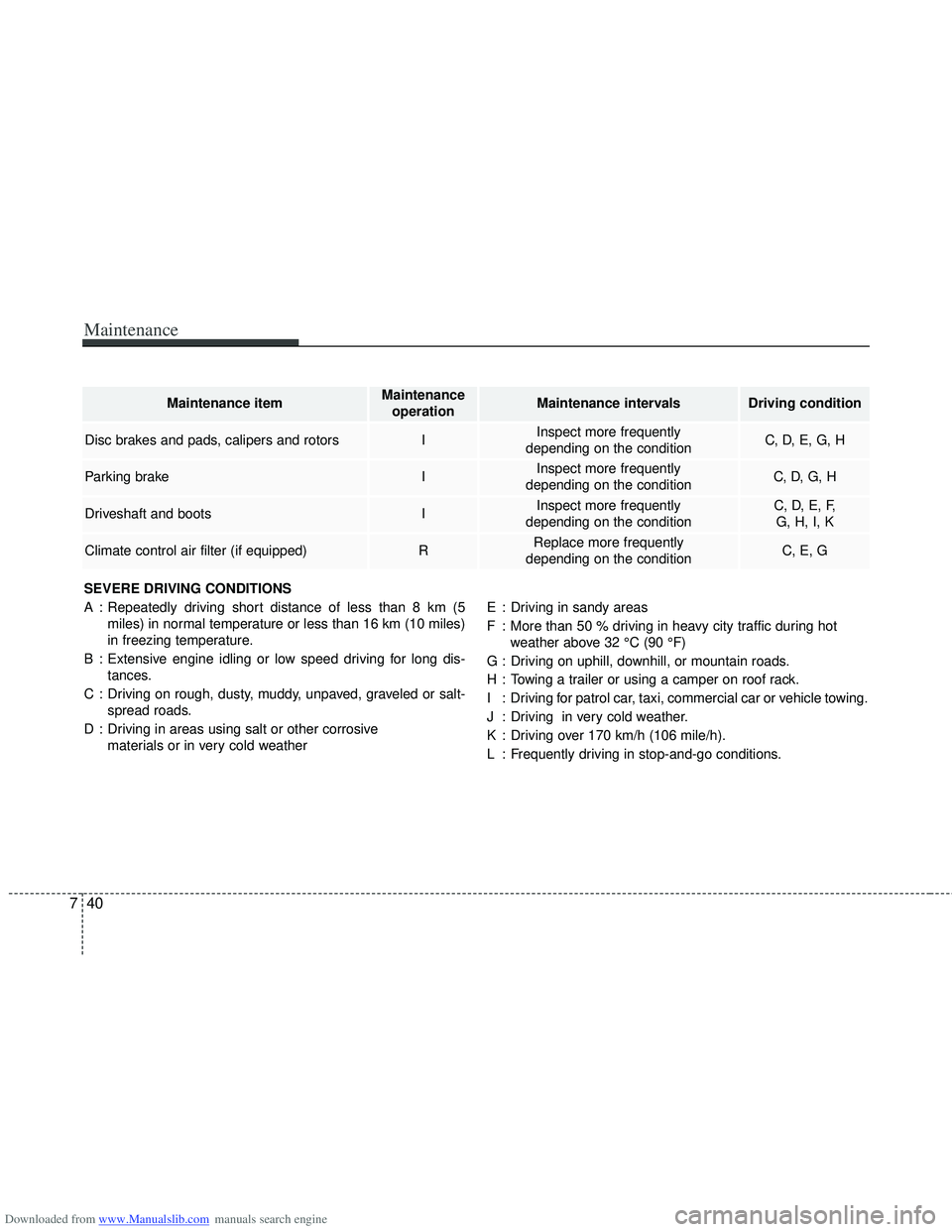 HYUNDAI I40 2019  Owners Manual Downloaded from www.Manualslib.com manuals search engine Maintenance
40
7
SEVERE DRIVING CONDITIONS
A : Repeatedly driving short distance of less than 8 km (5
miles) in normal temperature or less than