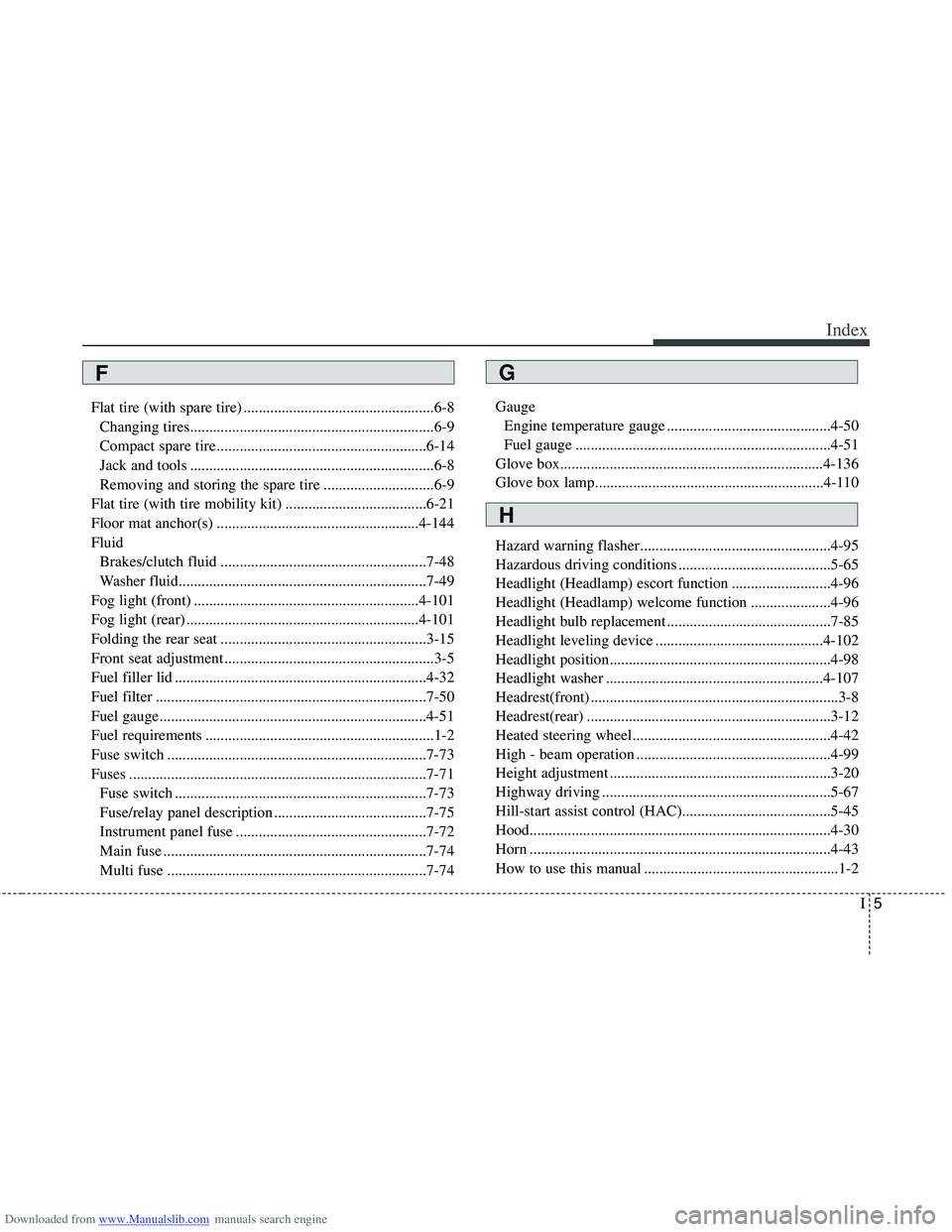 HYUNDAI I40 2019  Owners Manual Downloaded from www.Manualslib.com manuals search engine I5
Index
Flat tire (with spare tire) ..................................................6-8Changing tires.......................................