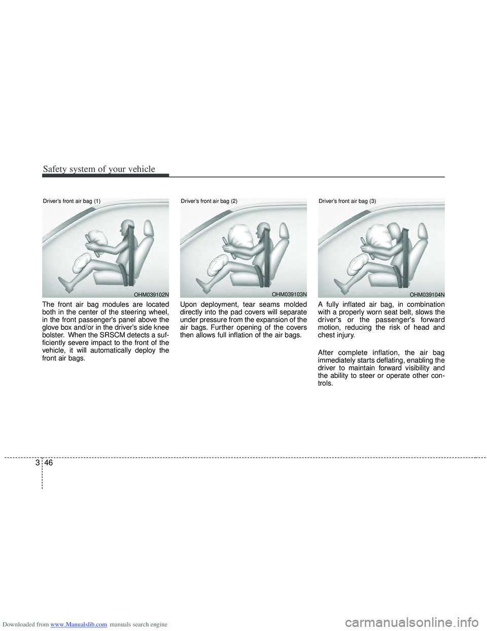 HYUNDAI I40 2018  Owners Manual Downloaded from www.Manualslib.com manuals search engine Safety system of your vehicle
46
3
The front air bag modules are located
both in the center of the steering wheel,
in the front passengers pan