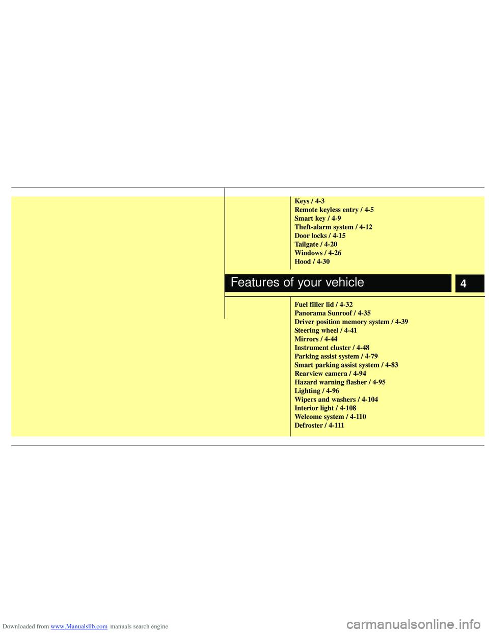 HYUNDAI I40 2018 Owners Manual Downloaded from www.Manualslib.com manuals search engine 4
Keys / 4-3
Remote keyless entry / 4-5
Smart key / 4-9
Theft-alarm system / 4-12
Door locks / 4-15
Tailgate / 4-20
Windows / 4-26
Hood / 4-30
HYUNDAI I40 2018 Owners Manual Downloaded from www.Manualslib.com manuals search engine 4
Keys / 4-3
Remote keyless entry / 4-5
Smart key / 4-9
Theft-alarm system / 4-12
Door locks / 4-15
Tailgate / 4-20
Windows / 4-26
Hood / 4-30
