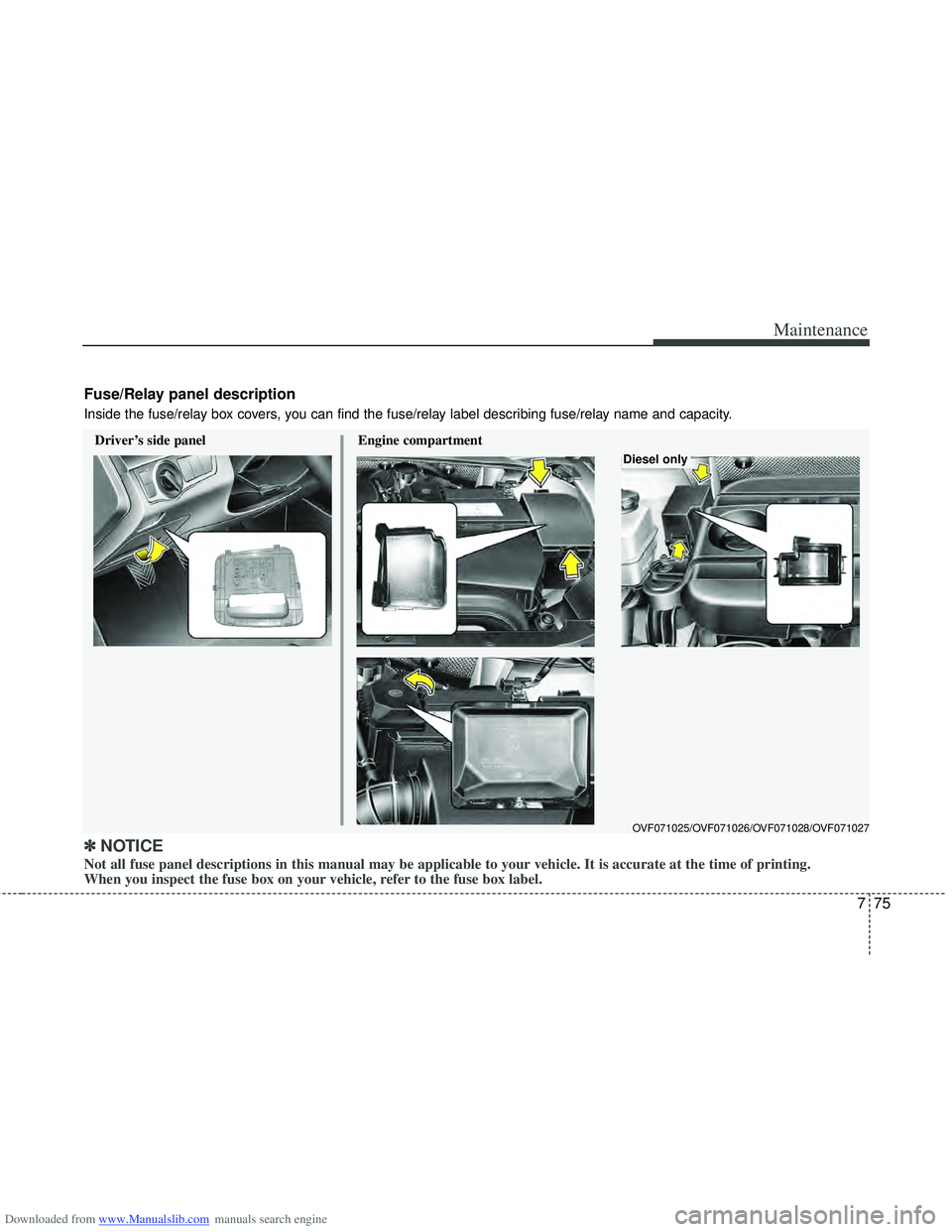 HYUNDAI I40 2017 Owners Manual Downloaded from www.Manualslib.com manuals search engine 775
Maintenance
Engine compartment
Fuse/Relay panel description
Inside the fuse/relay box covers, you can find the fuse/relay label describing HYUNDAI I40 2017 Owners Manual Downloaded from www.Manualslib.com manuals search engine 775
Maintenance
Engine compartment
Fuse/Relay panel description
Inside the fuse/relay box covers, you can find the fuse/relay label describing