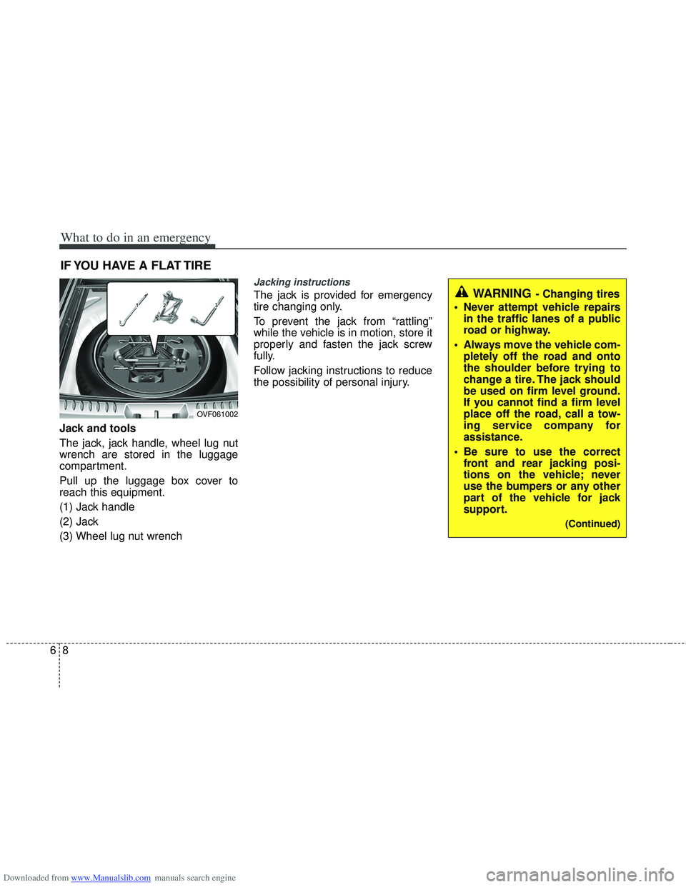 HYUNDAI I40 2016  Owners Manual Downloaded from www.Manualslib.com manuals search engine What to do in an emergency
86
IF YOU HAVE A FLAT TIRE
Jack and tools
The jack, jack handle, wheel lug nut
wrench are stored in the luggage
comp