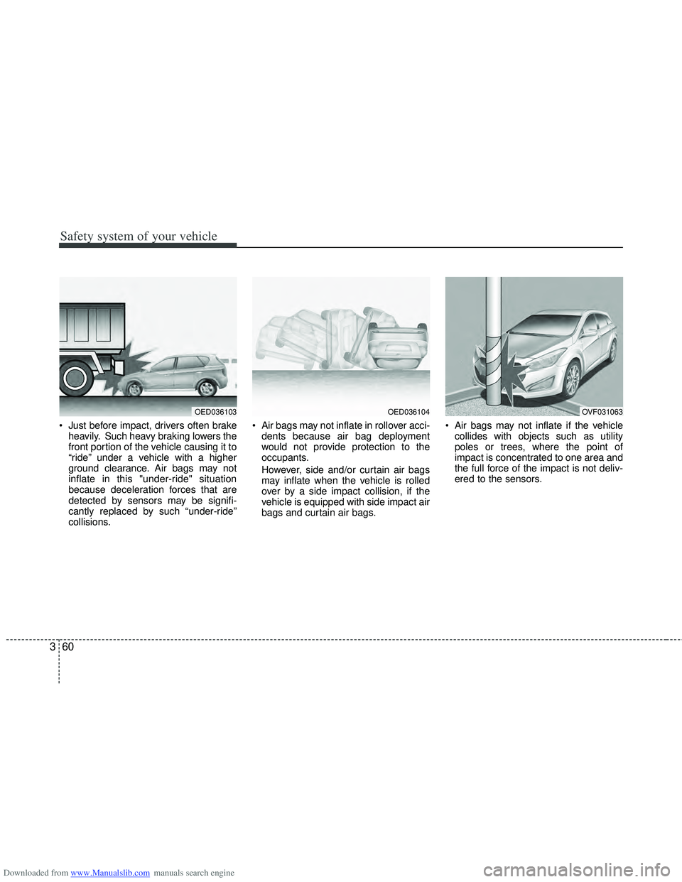HYUNDAI I40 2016  Owners Manual Downloaded from www.Manualslib.com manuals search engine Safety system of your vehicle
60
3
 Just before impact, drivers often brake
heavily. Such heavy braking lowers the
front portion of the vehicle