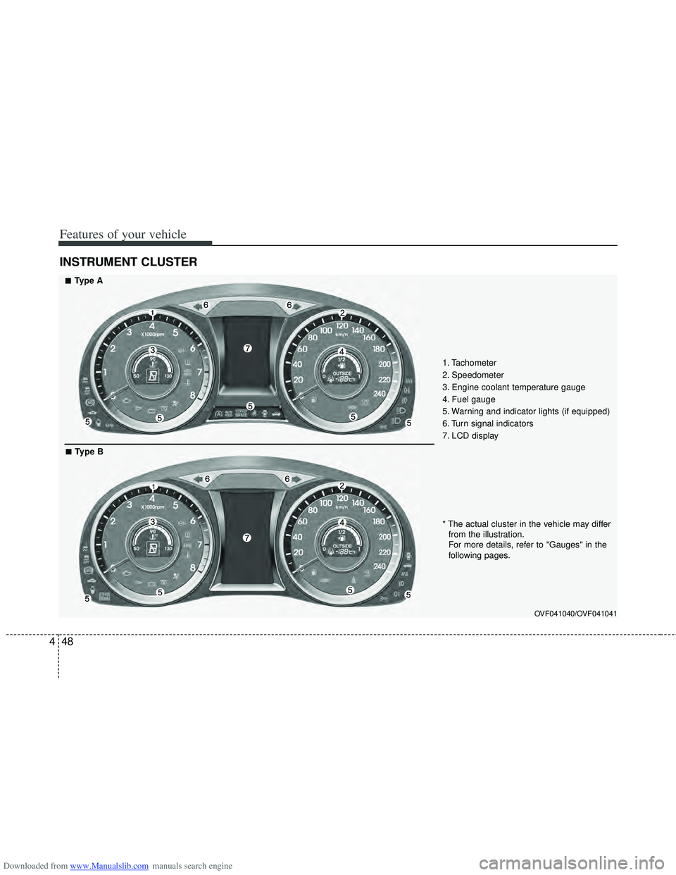 HYUNDAI I40 2013 Owners Manual Downloaded from www.Manualslib.com manuals search engine Features of your vehicle
48
4
INSTRUMENT CLUSTER
1. Tachometer
2. Speedometer
3. Engine coolant temperature gauge
4. Fuel gauge
5. Warning and HYUNDAI I40 2013 Owners Manual Downloaded from www.Manualslib.com manuals search engine Features of your vehicle
48
4
INSTRUMENT CLUSTER
1. Tachometer
2. Speedometer
3. Engine coolant temperature gauge
4. Fuel gauge
5. Warning and