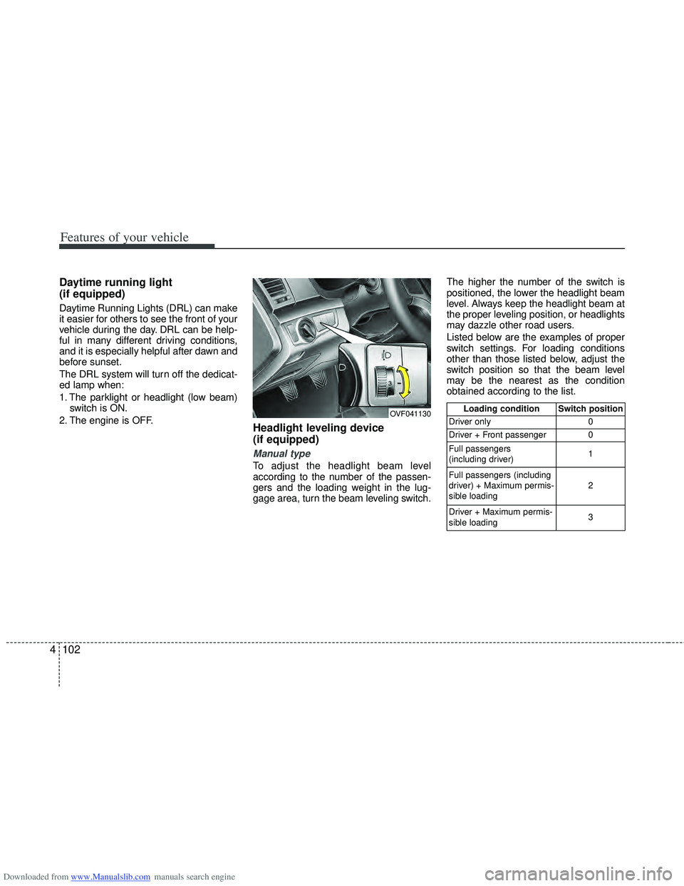 HYUNDAI I40 2013 Owners Manual Downloaded from www.Manualslib.com manuals search engine Features of your vehicle
102
4
Daytime running light
(if equipped)
Daytime Running Lights (DRL) can make
it easier for others to see the front HYUNDAI I40 2013 Owners Manual Downloaded from www.Manualslib.com manuals search engine Features of your vehicle
102
4
Daytime running light
(if equipped)
Daytime Running Lights (DRL) can make
it easier for others to see the front