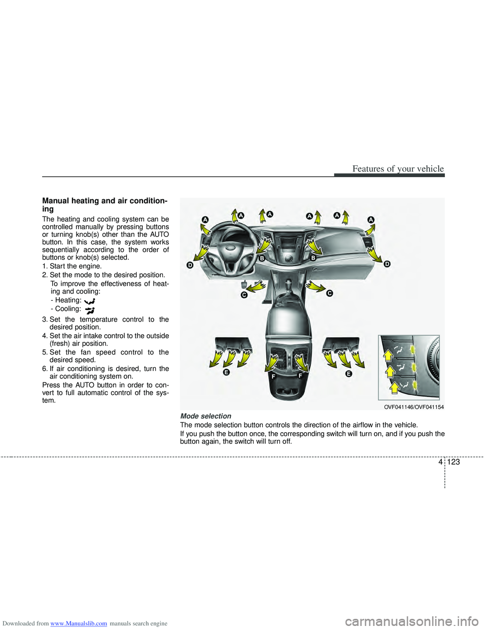 HYUNDAI I40 2013  Owners Manual Downloaded from www.Manualslib.com manuals search engine 4123
Features of your vehicle
Manual heating and air condition-
ing
The heating and cooling system can be
controlled manually by pressing butto