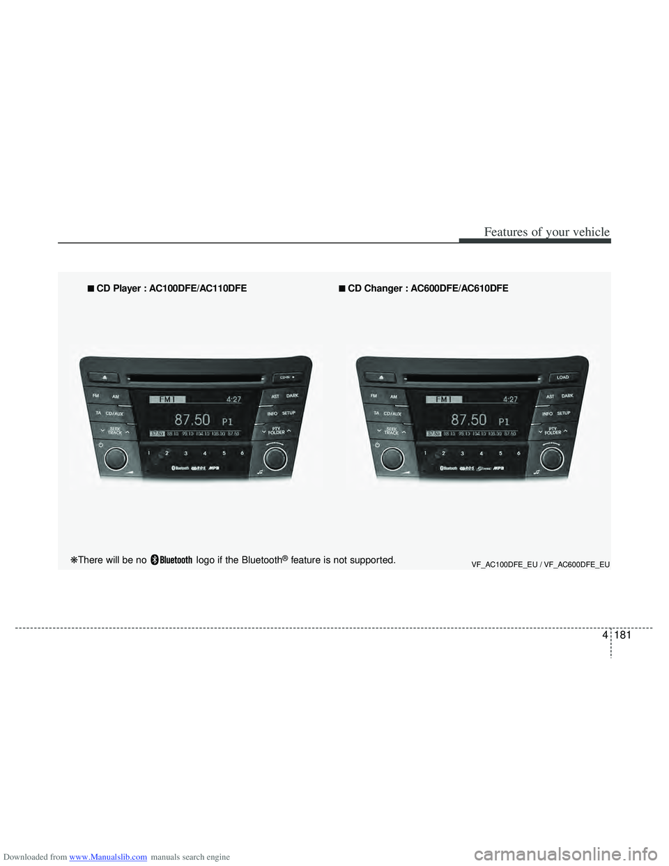 HYUNDAI I40 2013 Owners Manual Downloaded from www.Manualslib.com manuals search engine 4181
Features of your vehicle
VF_AC100DFE_EU / VF_AC600DFE_EU
■
■
CD Player : AC100DFE/AC110DFE■
■
CD Changer : AC600DFE/AC610DFE
HYUNDAI I40 2013 Owners Manual Downloaded from www.Manualslib.com manuals search engine 4181
Features of your vehicle
VF_AC100DFE_EU / VF_AC600DFE_EU
■
■
CD Player : AC100DFE/AC110DFE■
■
CD Changer : AC600DFE/AC610DFE