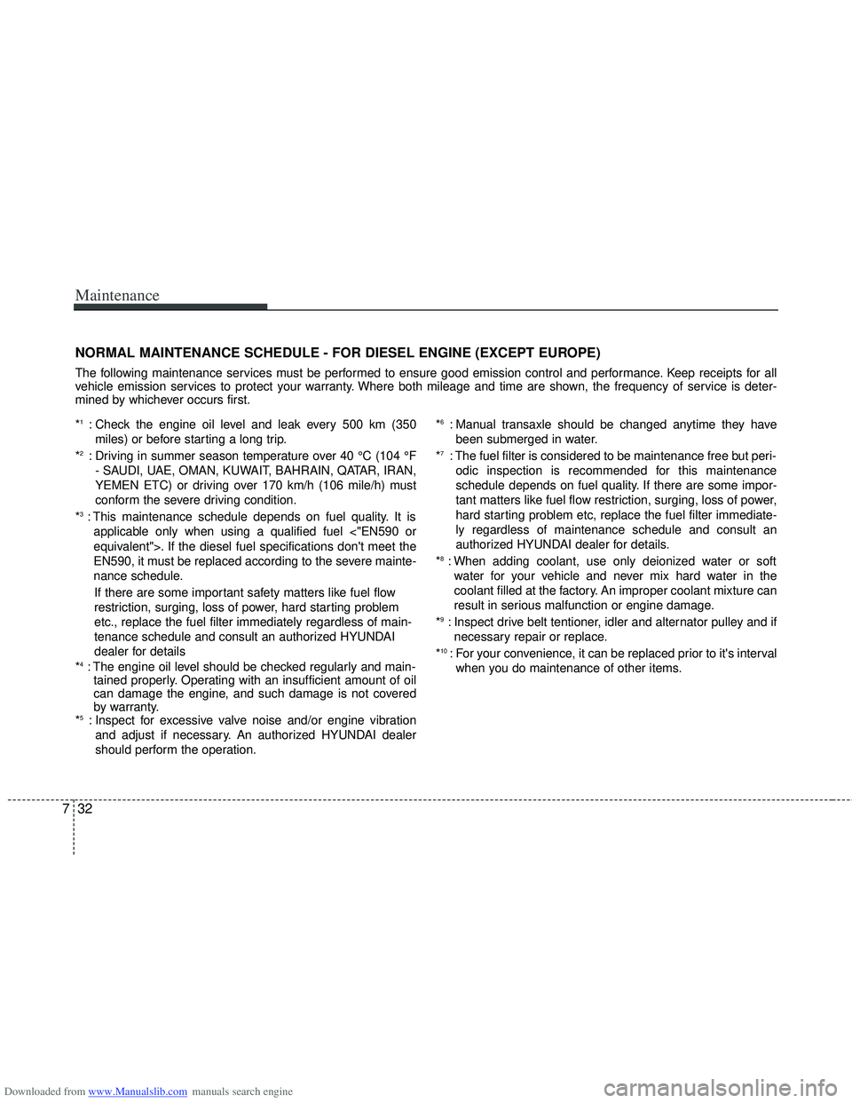 HYUNDAI I40 2013 Owners Manual Downloaded from www.Manualslib.com manuals search engine Maintenance
32
7
NORMAL MAINTENANCE SCHEDULE - FOR DIESEL ENGINE (EXCEPT EUROPE)
The following maintenance services must be performed to ensure HYUNDAI I40 2013 Owners Manual Downloaded from www.Manualslib.com manuals search engine Maintenance
32
7
NORMAL MAINTENANCE SCHEDULE - FOR DIESEL ENGINE (EXCEPT EUROPE)
The following maintenance services must be performed to ensure