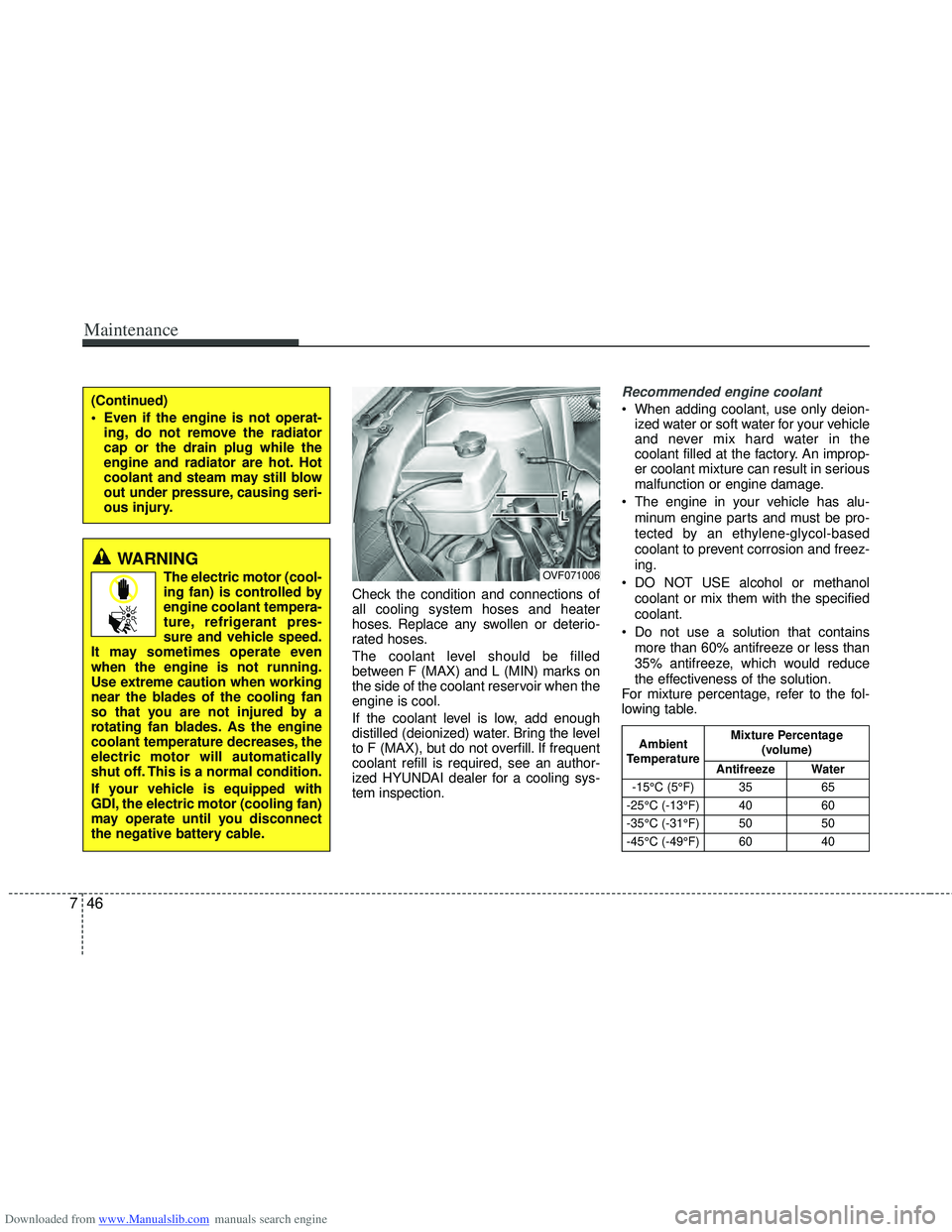 HYUNDAI I40 2013 Owners Manual Downloaded from www.Manualslib.com manuals search engine Maintenance
46
7
Check the condition and connections of
all cooling system hoses and heater
hoses. Replace any swollen or deterio-
rated hoses. HYUNDAI I40 2013 Owners Manual Downloaded from www.Manualslib.com manuals search engine Maintenance
46
7
Check the condition and connections of
all cooling system hoses and heater
hoses. Replace any swollen or deterio-
rated hoses.