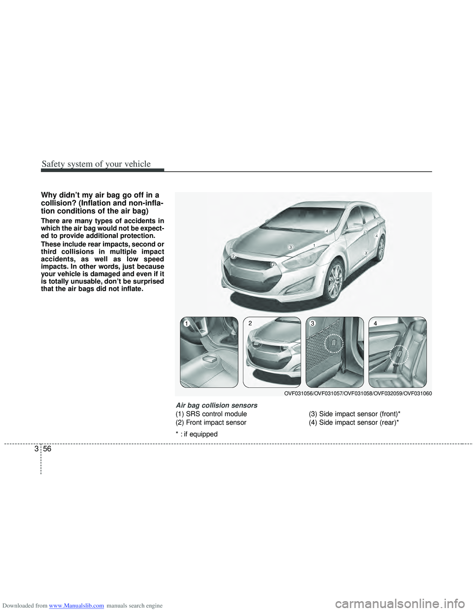 HYUNDAI I40 2013  Owners Manual Downloaded from www.Manualslib.com manuals search engine Safety system of your vehicle
56
3
Why didn’t my air bag go off in a
collision? (Inflation and non-infla-
tion conditions of the air bag)
The