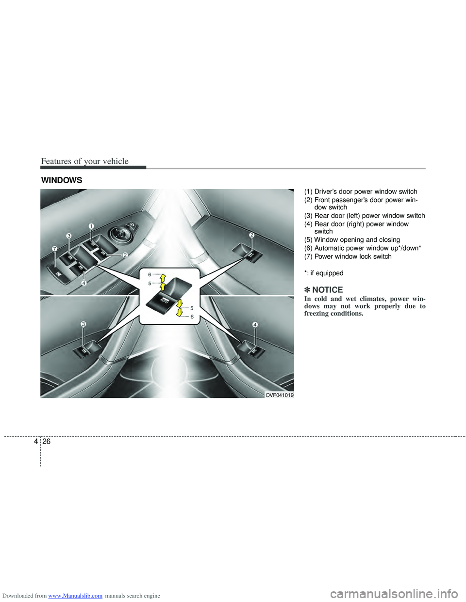 HYUNDAI I40 2012 Owners Manual Downloaded from www.Manualslib.com manuals search engine Features of your vehicle
26
4
(1) Driver’s door power window switch
(2) Front passenger’s door power win-
dow switch
(3) Rear door (left) p HYUNDAI I40 2012 Owners Manual Downloaded from www.Manualslib.com manuals search engine Features of your vehicle
26
4
(1) Driver’s door power window switch
(2) Front passenger’s door power win-
dow switch
(3) Rear door (left) p