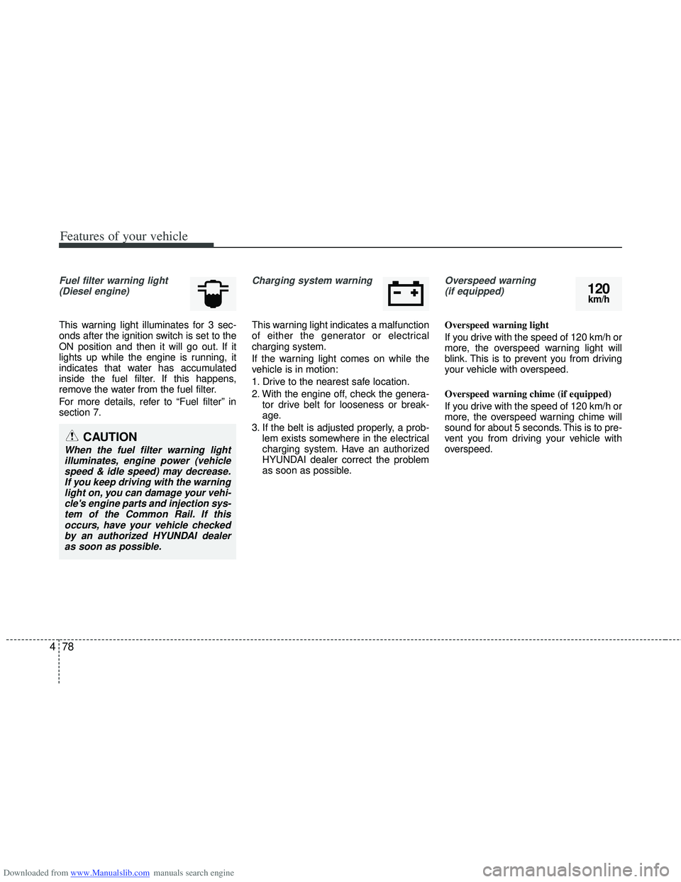 HYUNDAI I40 2012 Owners Manual Downloaded from www.Manualslib.com manuals search engine Features of your vehicle
78
4
Fuel filter warning light
(Diesel engine)
This warning light illuminates for 3 sec-
onds after the ignition switc HYUNDAI I40 2012 Owners Manual Downloaded from www.Manualslib.com manuals search engine Features of your vehicle
78
4
Fuel filter warning light
(Diesel engine)
This warning light illuminates for 3 sec-
onds after the ignition switc