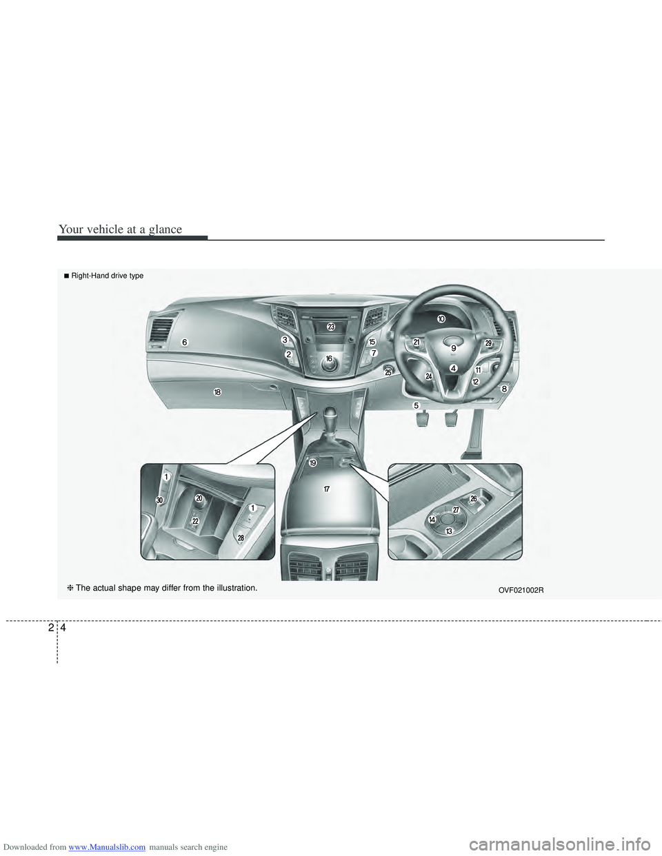 HYUNDAI I40 2012 User Guide Downloaded from www.Manualslib.com manuals search engine Your vehicle at a glance
42
❈The actual shape may differ from the illustration.OVF021002R
■Right-Hand drive type HYUNDAI I40 2012 User Guide Downloaded from www.Manualslib.com manuals search engine Your vehicle at a glance
42
❈The actual shape may differ from the illustration.OVF021002R
■Right-Hand drive type