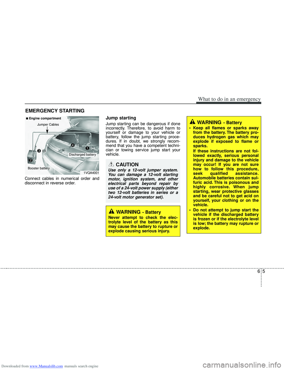 HYUNDAI I40 2012 Owners Manual Downloaded from www.Manualslib.com manuals search engine 65
What to do in an emergency
EMERGENCY STARTING
Connect cables in numerical order and
disconnect in reverse order.
Jump starting
Jump starti HYUNDAI I40 2012 Owners Manual Downloaded from www.Manualslib.com manuals search engine 65
What to do in an emergency
EMERGENCY STARTING
Connect cables in numerical order and
disconnect in reverse order.
Jump starting
Jump starti