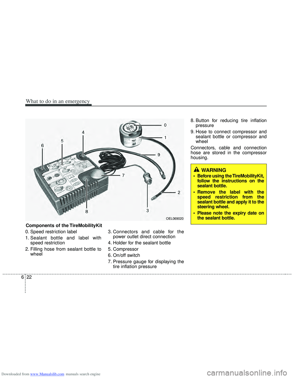 HYUNDAI I40 2012 Owners Manual Downloaded from www.Manualslib.com manuals search engine What to do in an emergency
22
6
0. Speed restriction label
1. Sealant bottle and label with
speed restriction
2. Filling hose from sealant bott HYUNDAI I40 2012 Owners Manual Downloaded from www.Manualslib.com manuals search engine What to do in an emergency
22
6
0. Speed restriction label
1. Sealant bottle and label with
speed restriction
2. Filling hose from sealant bott