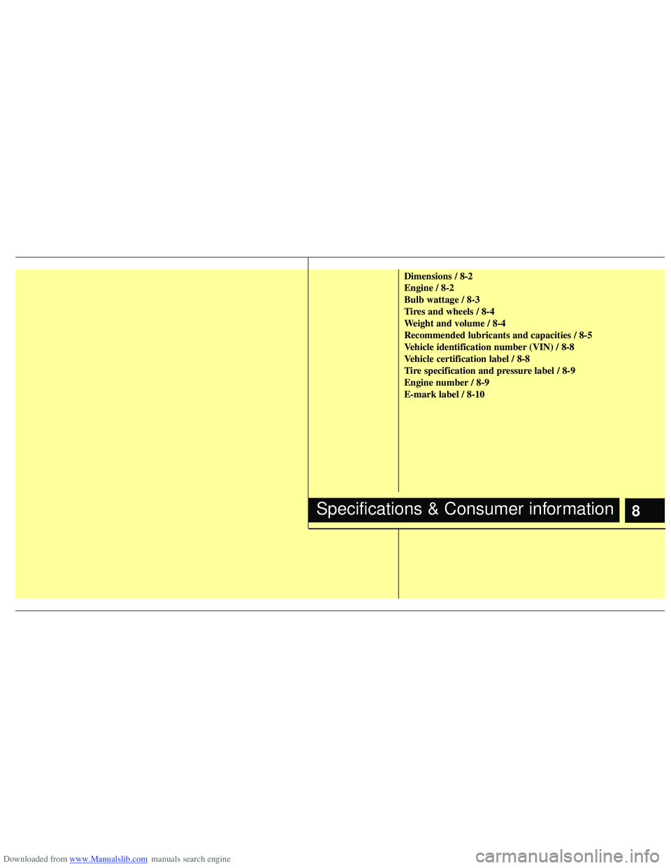 HYUNDAI I40 2012 Owners Manual Downloaded from www.Manualslib.com manuals search engine 8
Dimensions / 8-2
Engine / 8-2
Bulb wattage / 8-3
Tires and wheels / 8-4
Weight and volume / 8-4
Recommended lubricants and capacities / 8-5
V HYUNDAI I40 2012 Owners Manual Downloaded from www.Manualslib.com manuals search engine 8
Dimensions / 8-2
Engine / 8-2
Bulb wattage / 8-3
Tires and wheels / 8-4
Weight and volume / 8-4
Recommended lubricants and capacities / 8-5
V