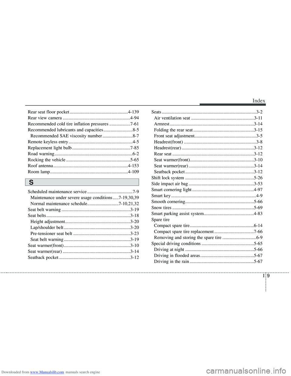 HYUNDAI I40 2011  Owners Manual Downloaded from www.Manualslib.com manuals search engine I9
Index
Rear seat floor pocket ..................................................4-139
Rear view camera ......................................