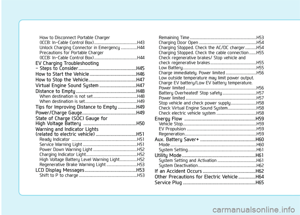 HYUNDAI IONIQ ELECTRIC 2022 User Guide How to Disconnect Portable Charger
(ICCB: In-Cable Control Box) ..........................................H43Unlock Charging Connector in Emergency ................H44
Precautions for Portable Charg HYUNDAI IONIQ ELECTRIC 2022 User Guide How to Disconnect Portable Charger
(ICCB: In-Cable Control Box) ..........................................H43Unlock Charging Connector in Emergency ................H44
Precautions for Portable Charg