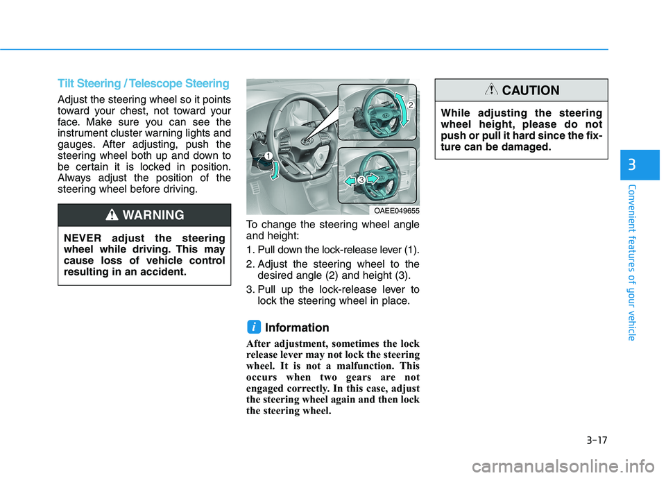 HYUNDAI IONIQ ELECTRIC 2022 Owners Manual 3-17
Convenient features of your vehicle
3
Tilt Steering / Telescope Steering
Adjust the steering wheel so it points
toward your chest, not toward your
face. Make sure you can see the
instrument clus HYUNDAI IONIQ ELECTRIC 2022 Owners Manual 3-17
Convenient features of your vehicle
3
Tilt Steering / Telescope Steering
Adjust the steering wheel so it points
toward your chest, not toward your
face. Make sure you can see the
instrument clus