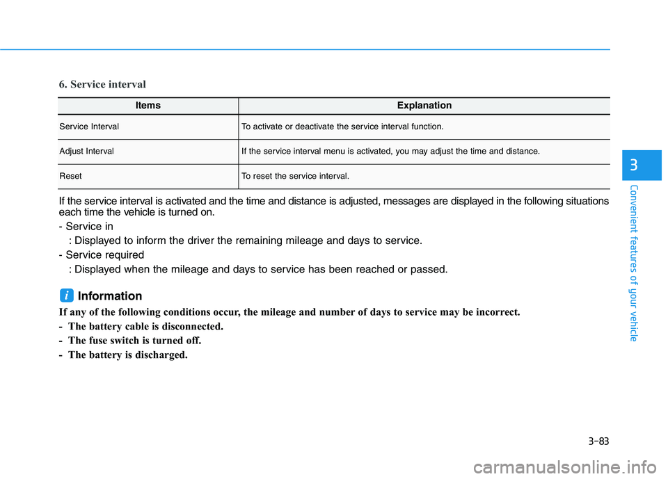 HYUNDAI IONIQ ELECTRIC 2022 Owners Manual 3-83
Convenient features of your vehicle
3
ItemsExplanation
Service IntervalTo activate or deactivate the service interval function.
Adjust IntervalIf the service interval menu is activated, you may a HYUNDAI IONIQ ELECTRIC 2022 Owners Manual 3-83
Convenient features of your vehicle
3
ItemsExplanation
Service IntervalTo activate or deactivate the service interval function.
Adjust IntervalIf the service interval menu is activated, you may a