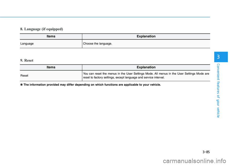 HYUNDAI IONIQ ELECTRIC 2022 Owners Manual 3-85
Convenient features of your vehicle
3
ItemsExplanation
LanguageChoose the language.
8. Language (if equipped)
ItemsExplanation
ResetYou can reset the menus in the User Settings Mode. All menus in HYUNDAI IONIQ ELECTRIC 2022 Owners Manual 3-85
Convenient features of your vehicle
3
ItemsExplanation
LanguageChoose the language.
8. Language (if equipped)
ItemsExplanation
ResetYou can reset the menus in the User Settings Mode. All menus in