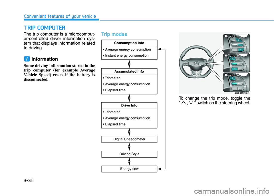 HYUNDAI IONIQ ELECTRIC 2022 Owners Manual 3-86
The trip computer is a microcomput-
er-controlled driver information sys-
tem that displays information related
to driving.
Information
Some driving information stored in the
trip computer (for HYUNDAI IONIQ ELECTRIC 2022 Owners Manual 3-86
The trip computer is a microcomput-
er-controlled driver information sys-
tem that displays information related
to driving.
Information
Some driving information stored in the
trip computer (for