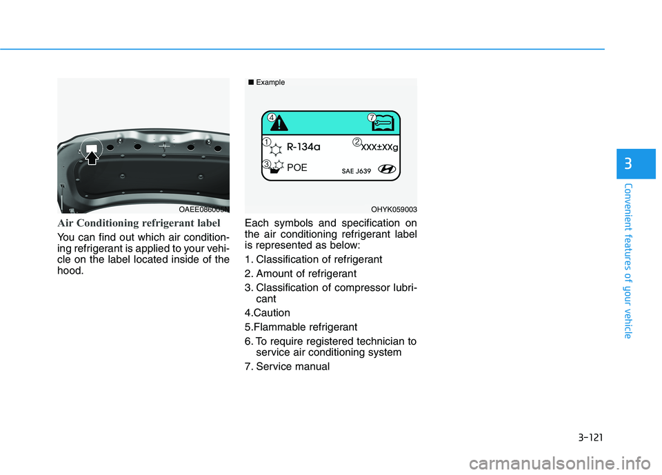 HYUNDAI IONIQ ELECTRIC 2022 Owners Manual 3-121
Convenient features of your vehicle
3
Air Conditioning refrigerant label
You can find out which air condition-
ing refrigerant is applied to your vehi-cle on the label located inside of thehood HYUNDAI IONIQ ELECTRIC 2022 Owners Manual 3-121
Convenient features of your vehicle
3
Air Conditioning refrigerant label
You can find out which air condition-
ing refrigerant is applied to your vehi-cle on the label located inside of thehood